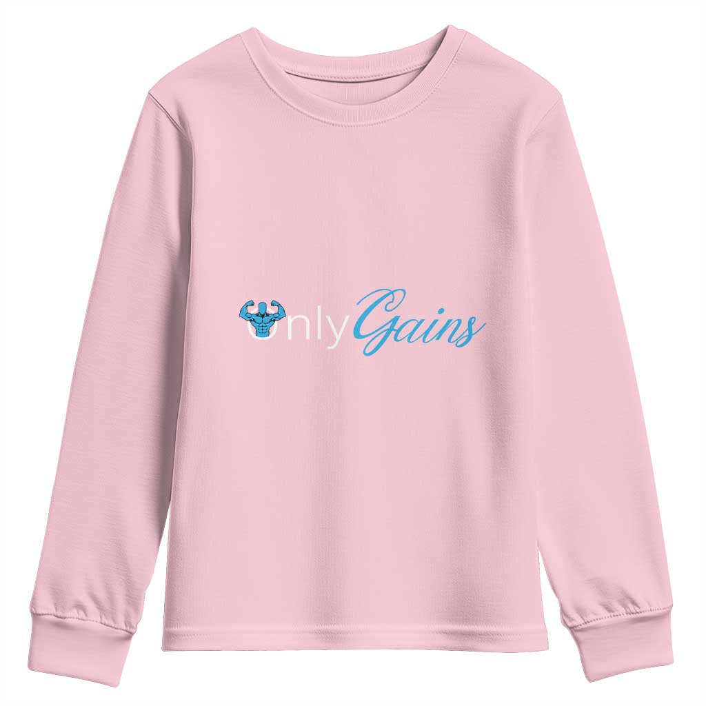 Funny Gymer Youth Sweatshirt Only Gains Fitness TS09 Light Pink Print Your Wear