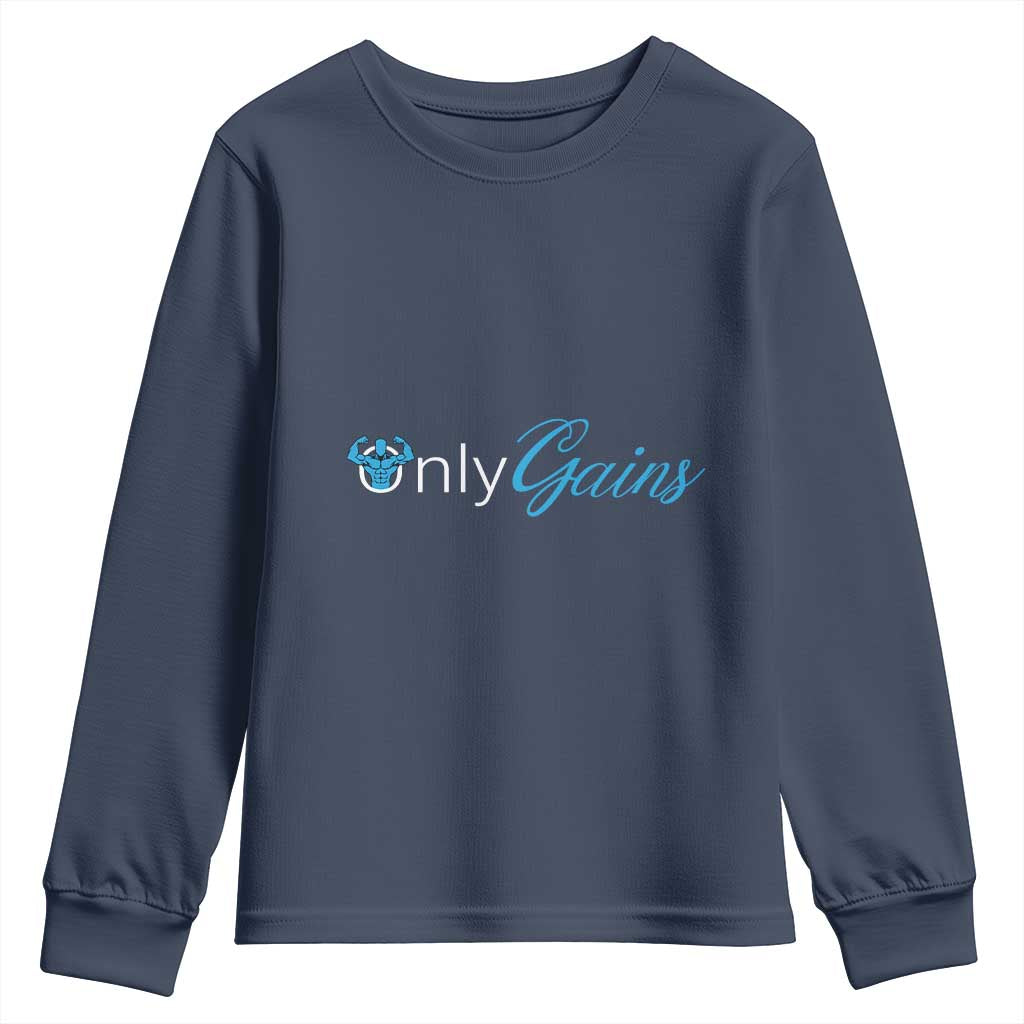 Funny Gymer Youth Sweatshirt Only Gains Fitness TS09 Navy Print Your Wear