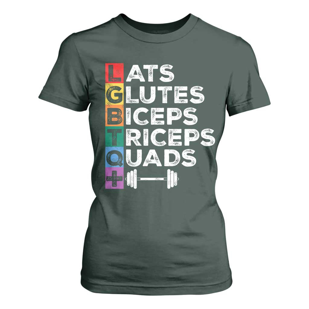 LGBTQ Gymer T Shirt For Women Lats Glutes Biceps Triceps Quads TS09 Dark Forest Green Print Your Wear