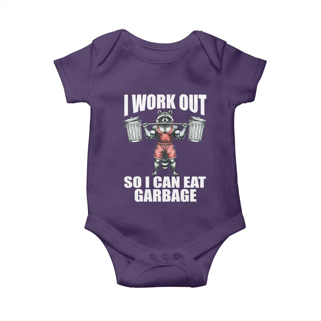 Funny Workout Baby Onesie I Work Out So I Can Eat Garbage Raccoon TS09 Purple Print Your Wear
