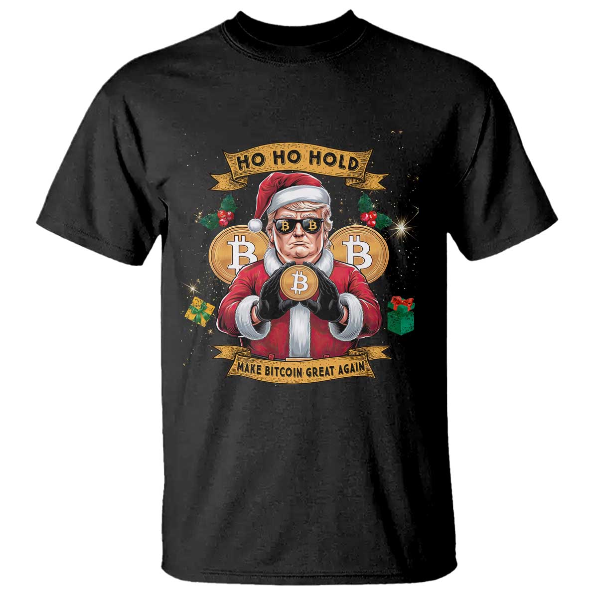 Funny Christmas Bitcoin T Shirt Ho Ho Hold Merry Crypto Santa Trump TS09 Black Print Your Wear