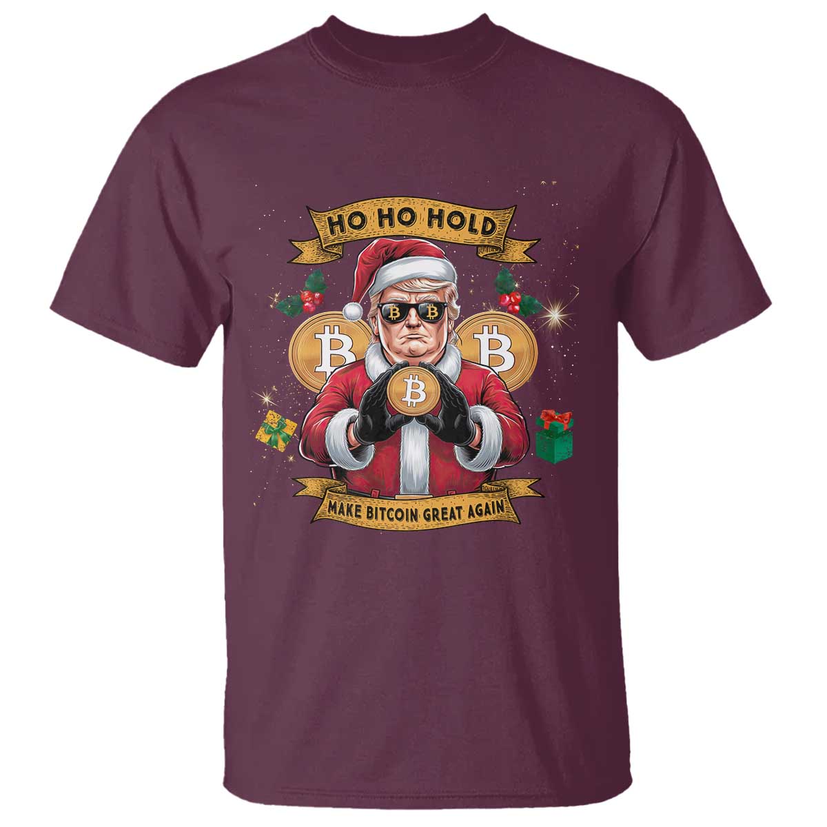 Funny Christmas Bitcoin T Shirt Ho Ho Hold Merry Crypto Santa Trump TS09 Maroon Print Your Wear