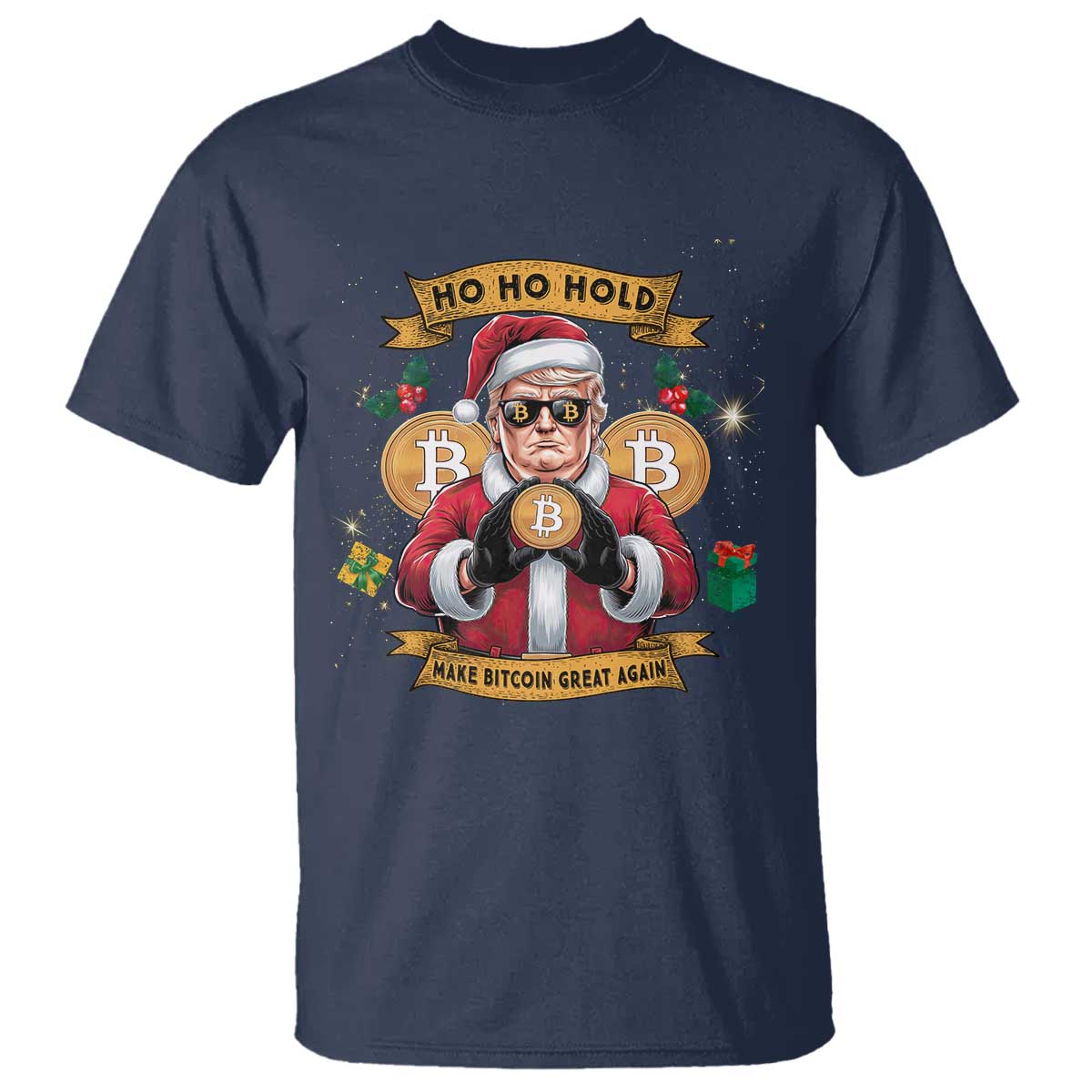 Funny Christmas Bitcoin T Shirt Ho Ho Hold Merry Crypto Santa Trump TS09 Navy Print Your Wear