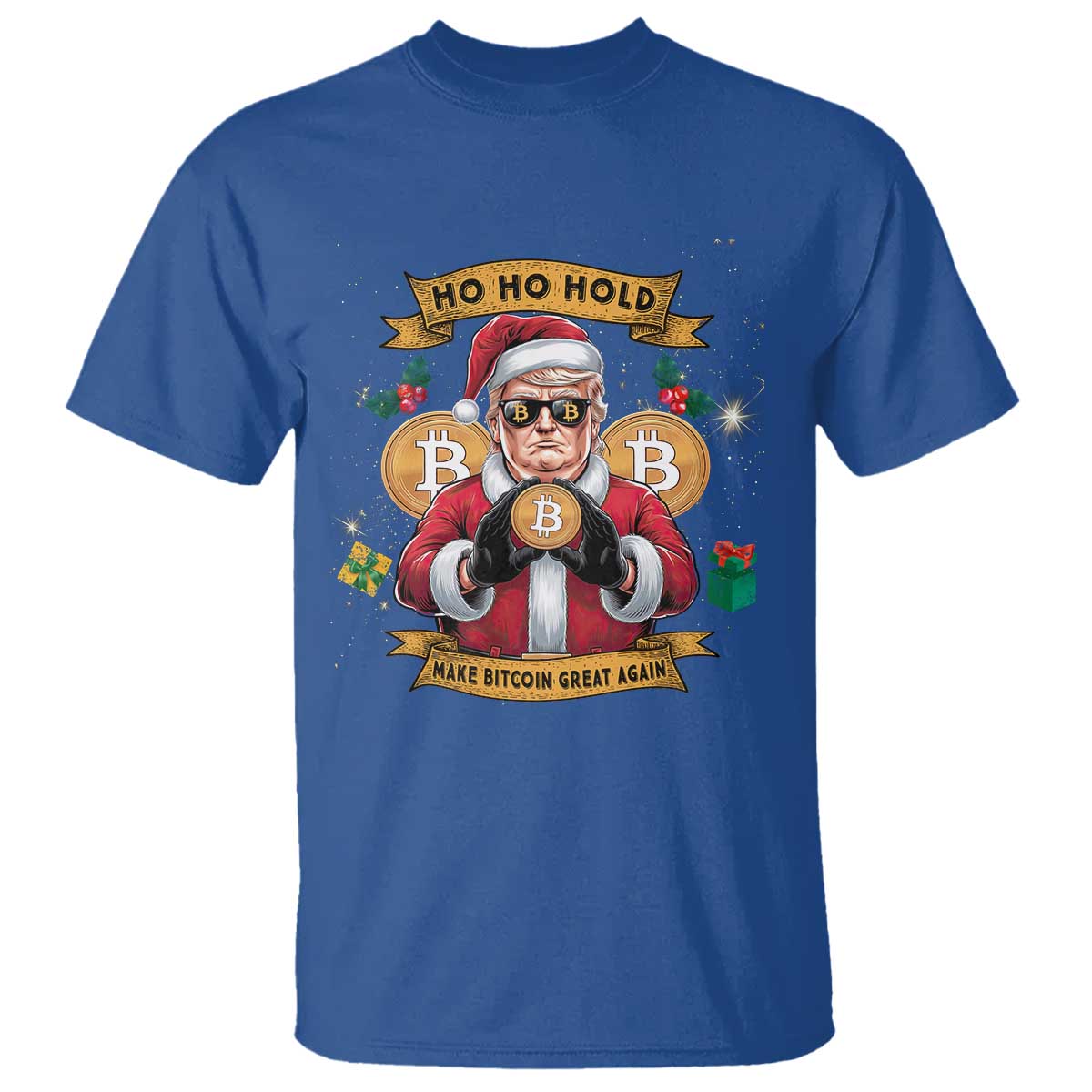 Funny Christmas Bitcoin T Shirt Ho Ho Hold Merry Crypto Santa Trump TS09 Royal Blue Print Your Wear