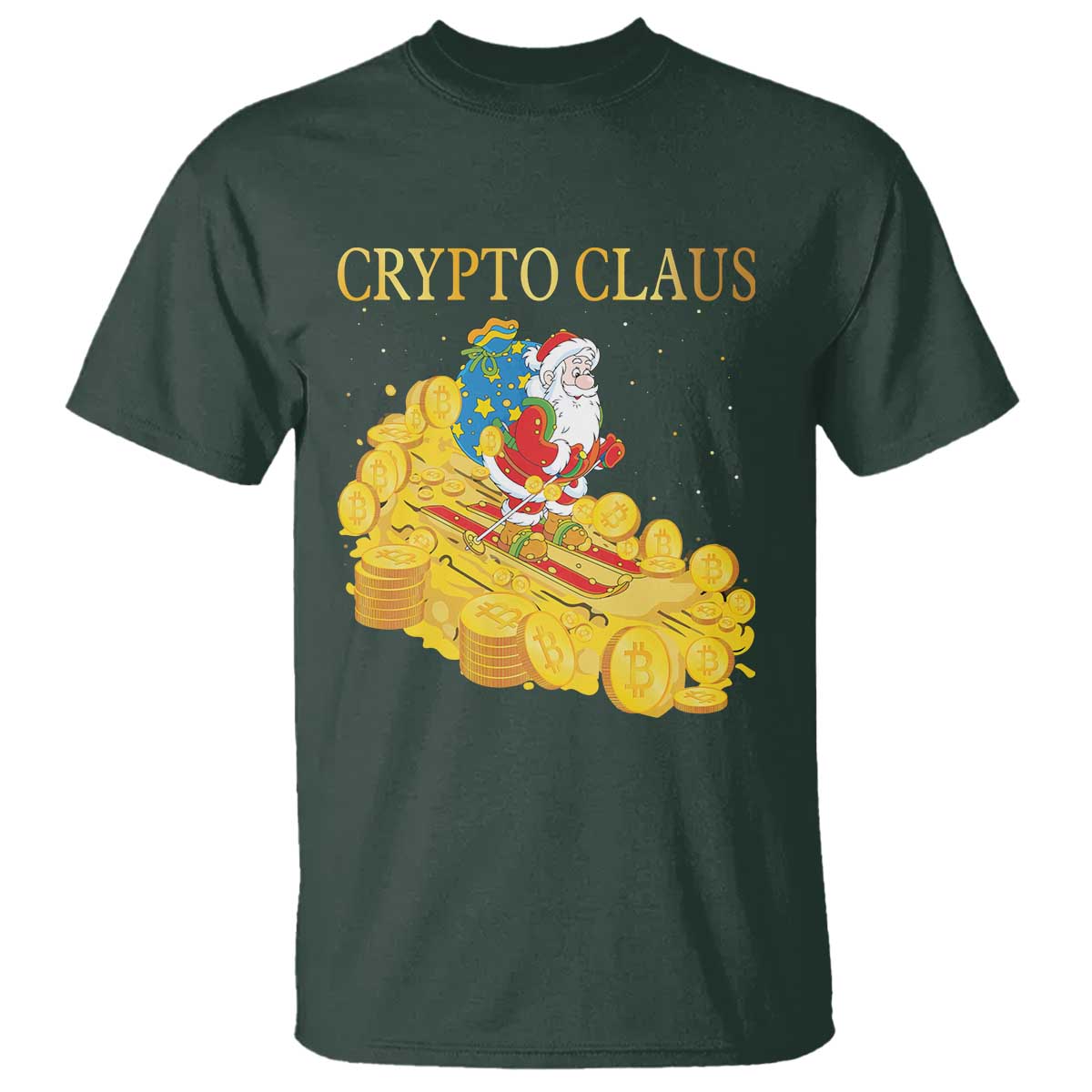 Funny Christmas Bitcoin Crypto Claus T Shirt TS09 Dark Forest Green Print Your Wear