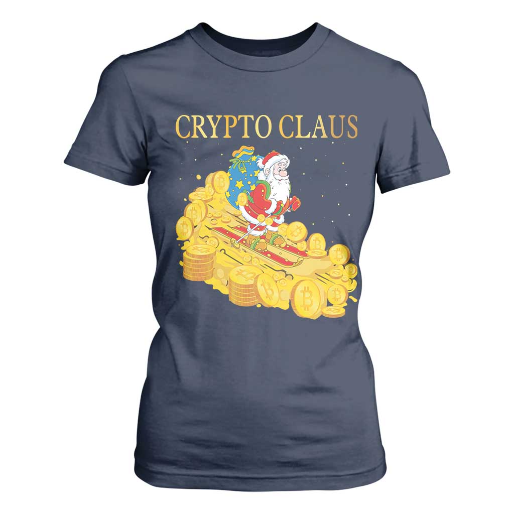 Funny Christmas Bitcoin Crypto Claus T Shirt For Women TS09 Navy Print Your Wear