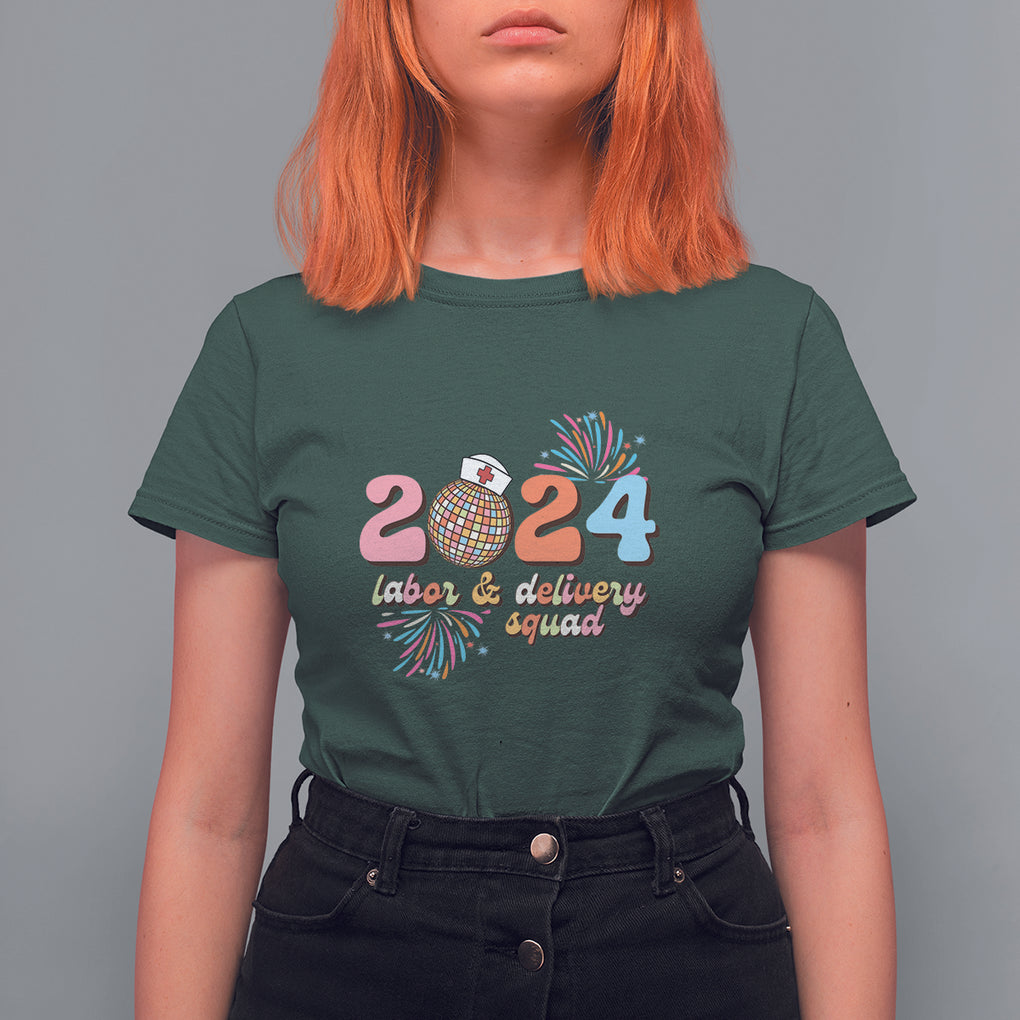 Groovy 2024 Disco Ball and Delivery Squad New Years Eve T Shirt For Women TS09 Dark Forest Green Printyourwear