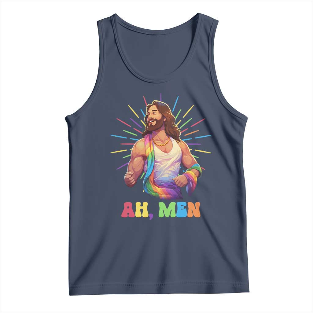 Ah Men Funny LGBT Gay Pride Jesus Rainbow Flag Christian Tank Top TS09 Navy Print Your Wear