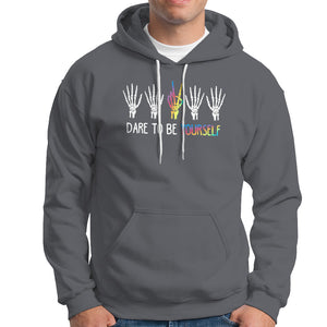 LGBT Pride Hoodie Dare To Be Yourself Skeleton Hand Rainbow TS09 Charcoal Printyourwear
