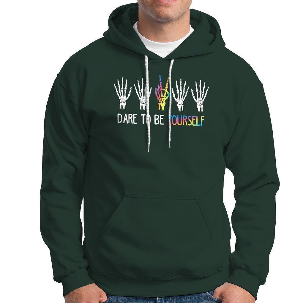 LGBT Pride Hoodie Dare To Be Yourself Skeleton Hand Rainbow TS09 Dark Forest Green Printyourwear