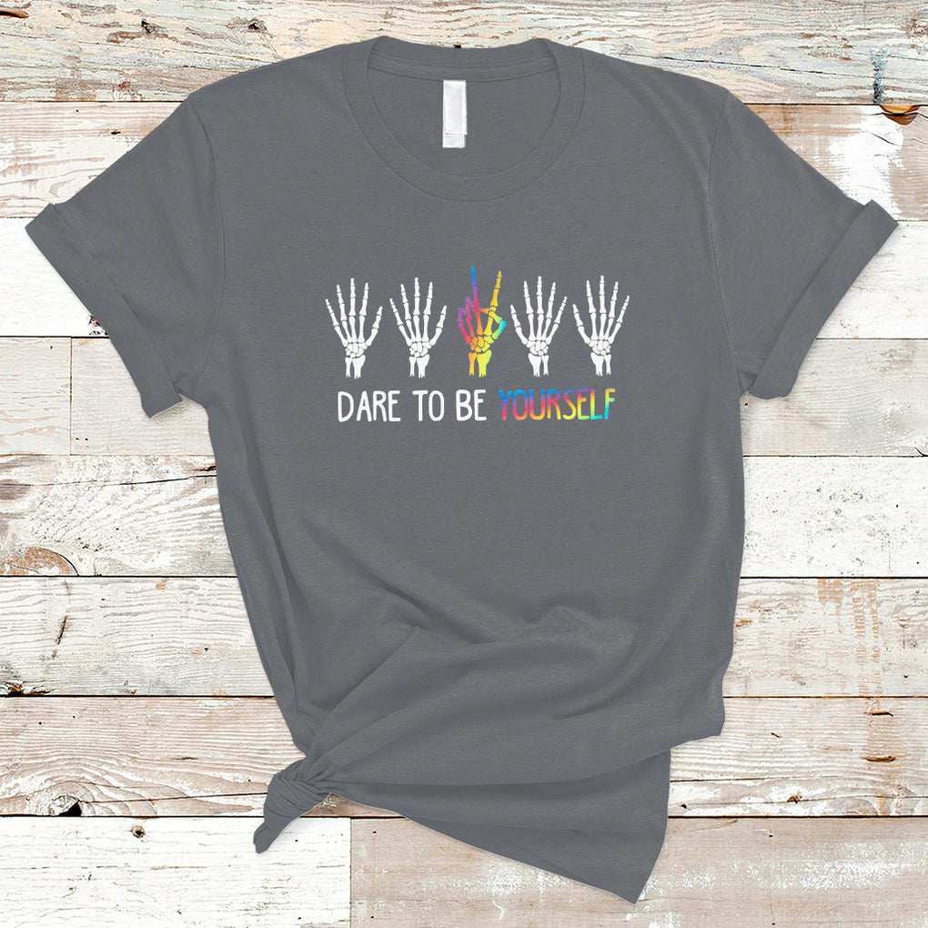 LGBT Pride T Shirt Dare To Be Yourself Skeleton Hand Rainbow TS09 Charcoal Printyourwear