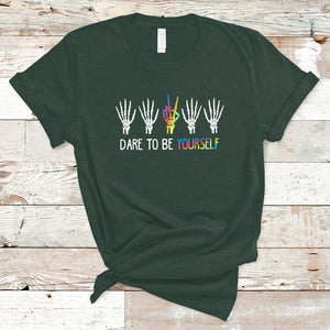 LGBT Pride T Shirt Dare To Be Yourself Skeleton Hand Rainbow TS09 Dark Forest Green Printyourwear