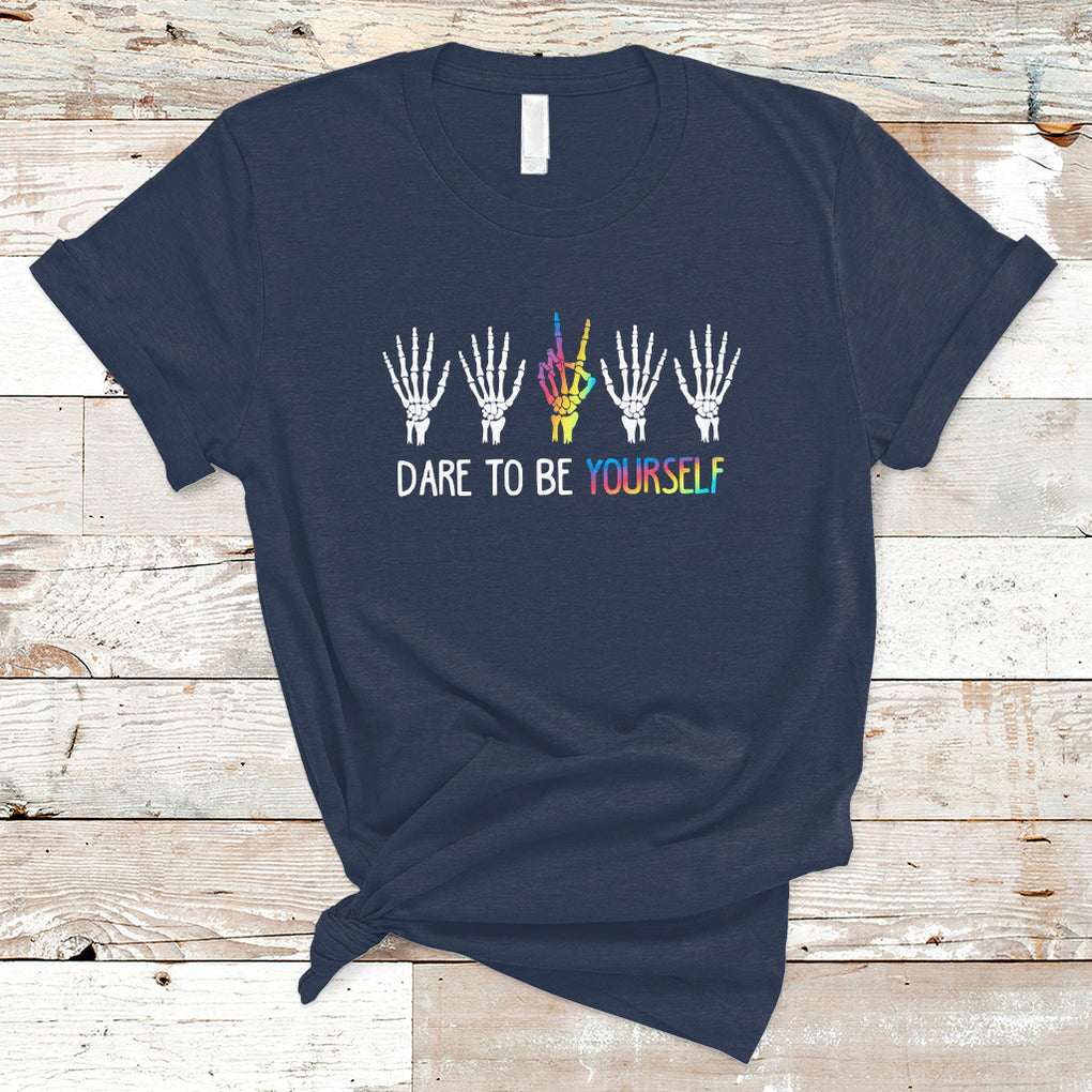 LGBT Pride T Shirt Dare To Be Yourself Skeleton Hand Rainbow TS09 Navy Printyourwear