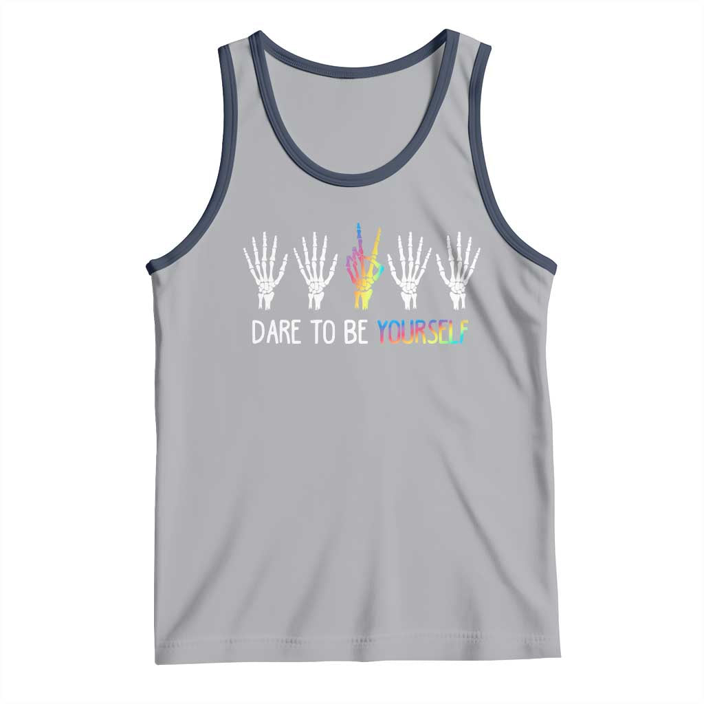 LGBT Pride Tank Top Dare To Be Yourself Skeleton Hand Rainbow TS09 Athletic Heather Navy Print Your Wear