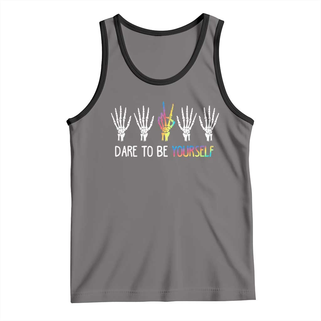 LGBT Pride Tank Top Dare To Be Yourself Skeleton Hand Rainbow TS09 Deep Heather Black Print Your Wear