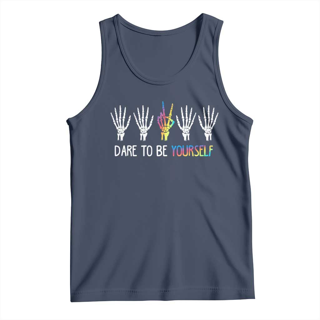 LGBT Pride Tank Top Dare To Be Yourself Skeleton Hand Rainbow TS09 Navy Print Your Wear