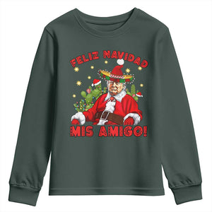 Funny Mexico Xmas Trump Youth Sweatshirt Feliz Navidad Mis Amigo Trump Santa TS09 Dark Forest Green Print Your Wear