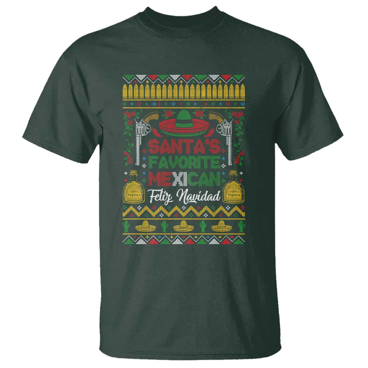 Funny Mexico Xmas Feliz Navidad T Shirt Santa' Favorite Mexican TS09 Dark Forest Green Print Your Wear