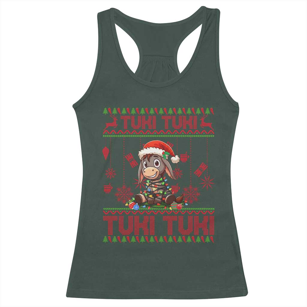 Funny Mexico Xmas Racerback Tank Top Tuki Tuki Burrito Cute Donkey Feliz Navidad TS09 Dark Forest Green Print Your Wear