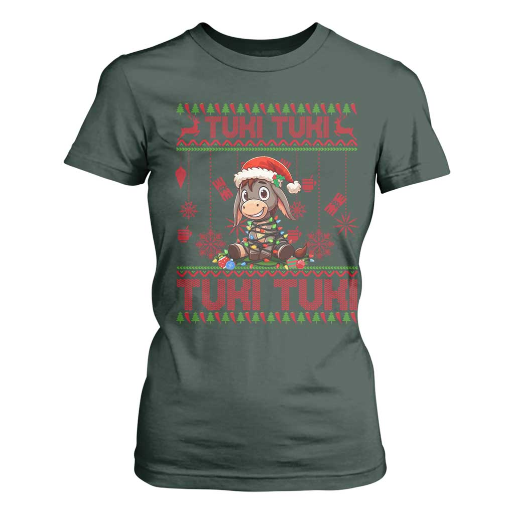 Funny Mexico Xmas T Shirt For Women Tuki Tuki Burrito Cute Donkey Feliz Navidad TS09 Dark Forest Green Print Your Wear