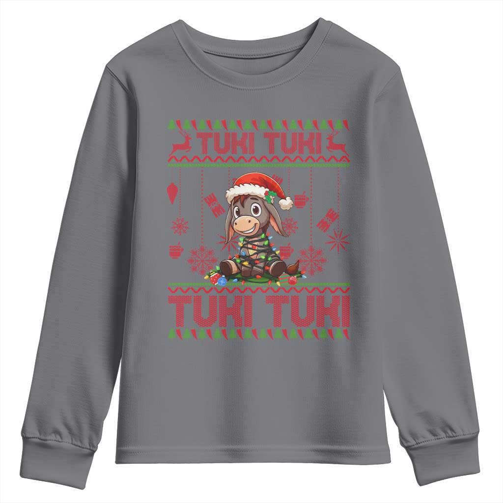 Funny Mexico Xmas Youth Sweatshirt Tuki Tuki Burrito Cute Donkey Feliz Navidad TS09 Charcoal Print Your Wear