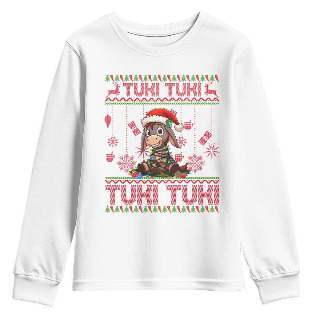 Funny Mexico Xmas Youth Sweatshirt Tuki Tuki Burrito Cute Donkey Feliz Navidad TS09 White Print Your Wear