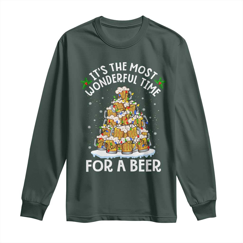 Funny Beer Christmas Tree Long Sleeve Shirt It's the Most Wonderful Time For A Beer TS09 Dark Forest Green Print Your Wear
