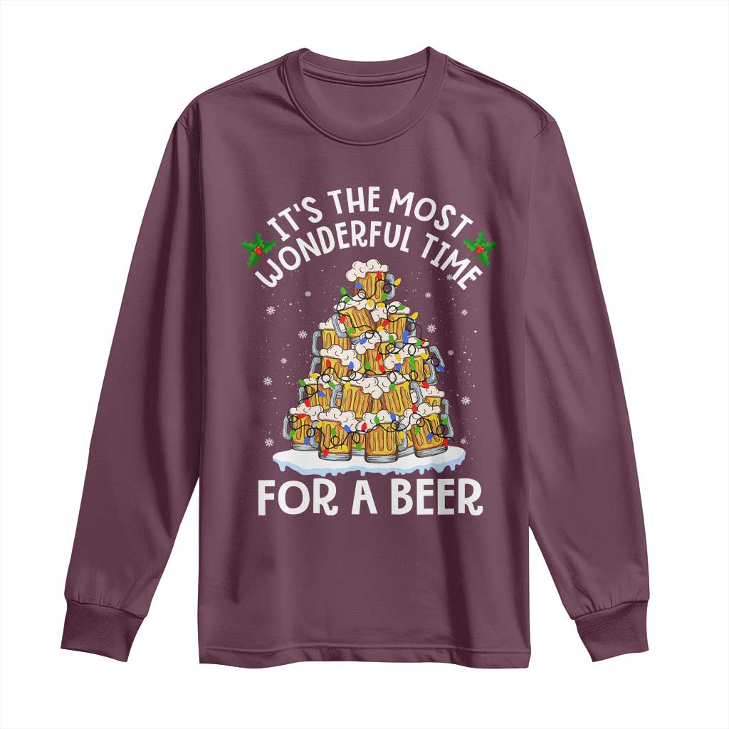 Funny Beer Christmas Tree Long Sleeve Shirt It's the Most Wonderful Time For A Beer TS09 Maroon Print Your Wear