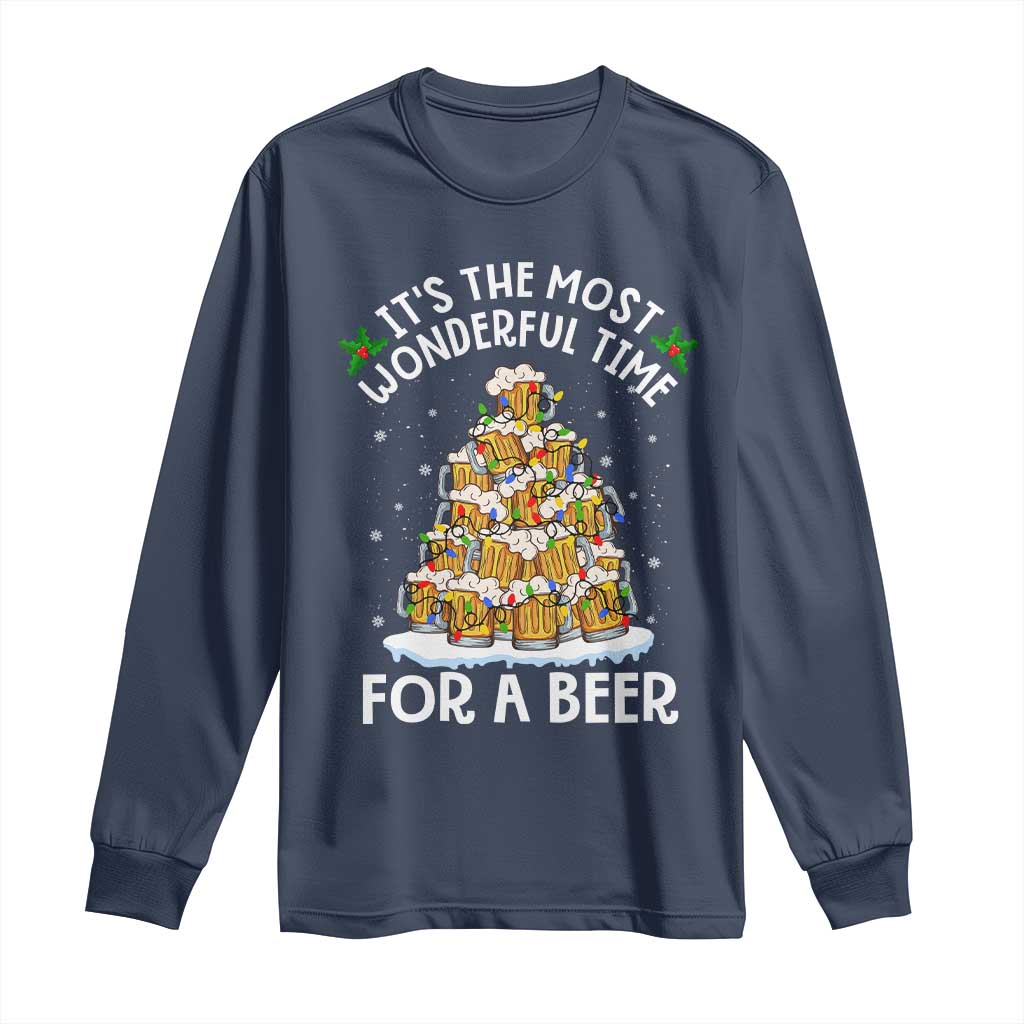 Funny Beer Christmas Tree Long Sleeve Shirt It's the Most Wonderful Time For A Beer TS09 Navy Print Your Wear