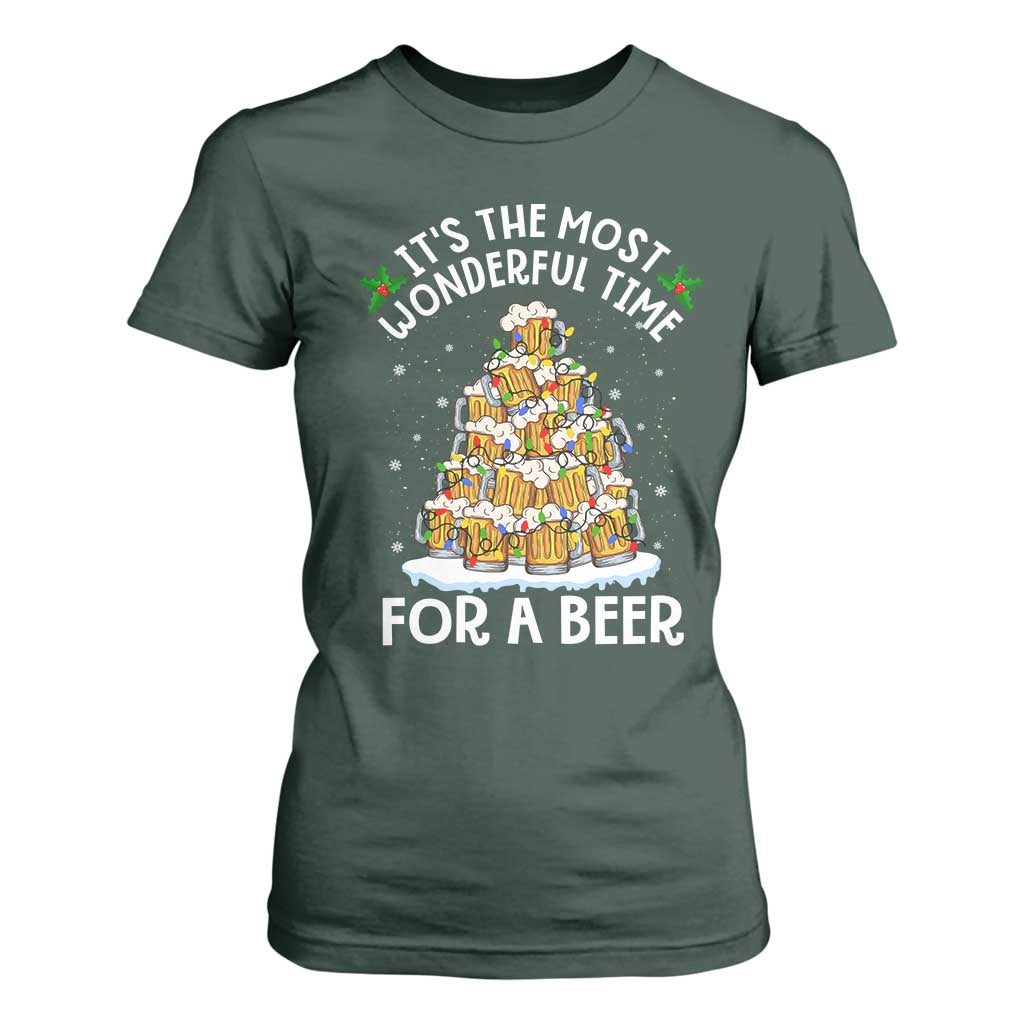 Funny Beer Christmas Tree T Shirt For Women It's the Most Wonderful Time For A Beer TS09 Dark Forest Green Print Your Wear