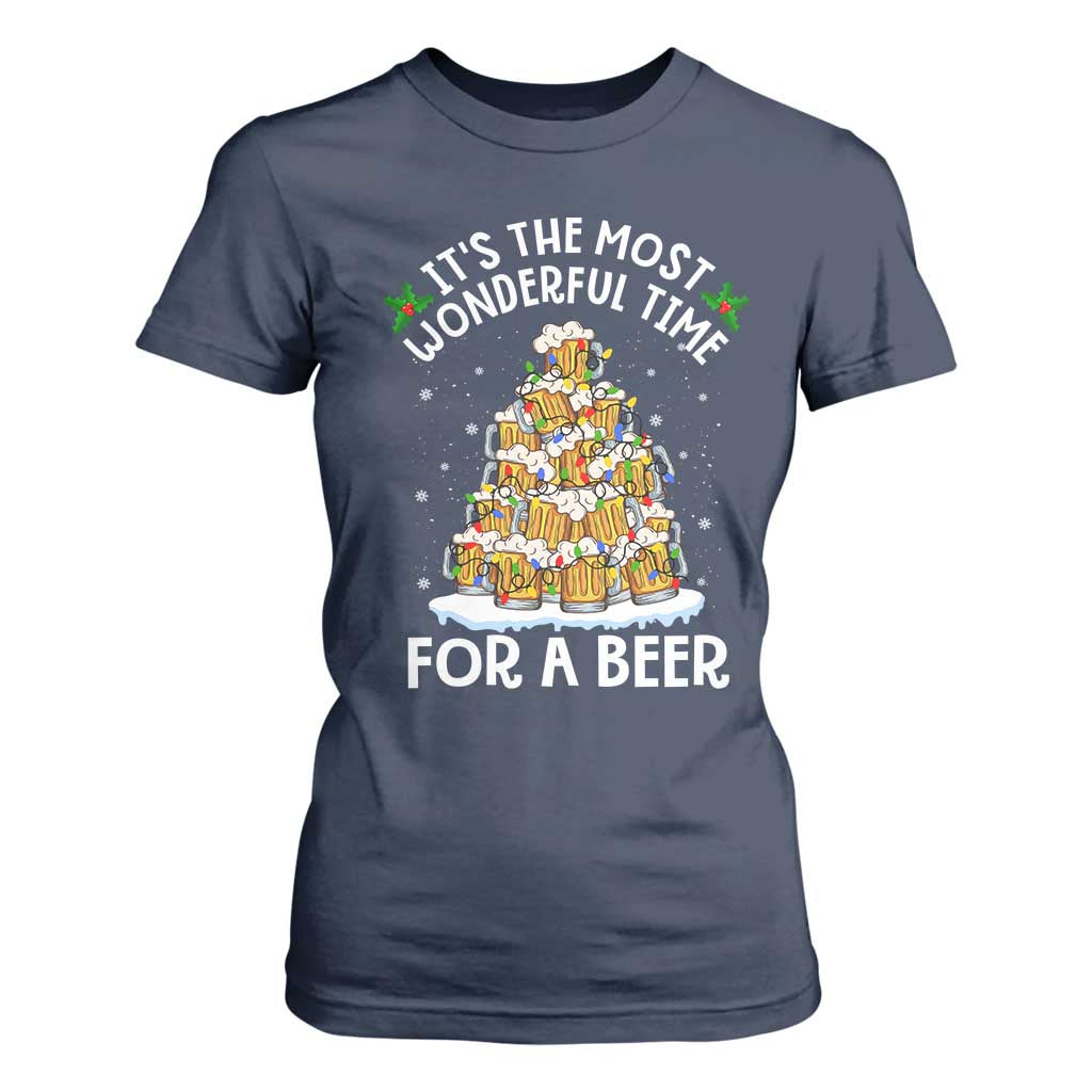 Funny Beer Christmas Tree T Shirt For Women It's the Most Wonderful Time For A Beer TS09 Navy Print Your Wear