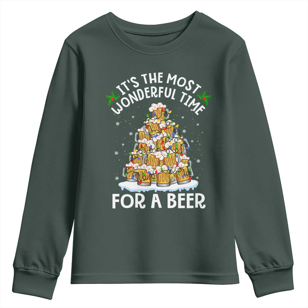 Funny Beer Christmas Tree Youth Sweatshirt It's the Most Wonderful Time For A Beer TS09 Dark Forest Green Print Your Wear
