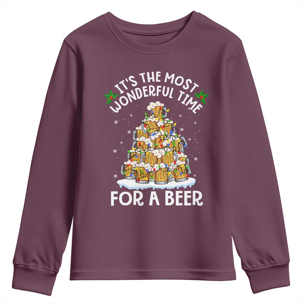 Funny Beer Christmas Tree Youth Sweatshirt It's the Most Wonderful Time For A Beer TS09 Maroon Print Your Wear