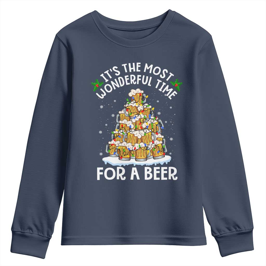 Funny Beer Christmas Tree Youth Sweatshirt It's the Most Wonderful Time For A Beer TS09 Navy Print Your Wear