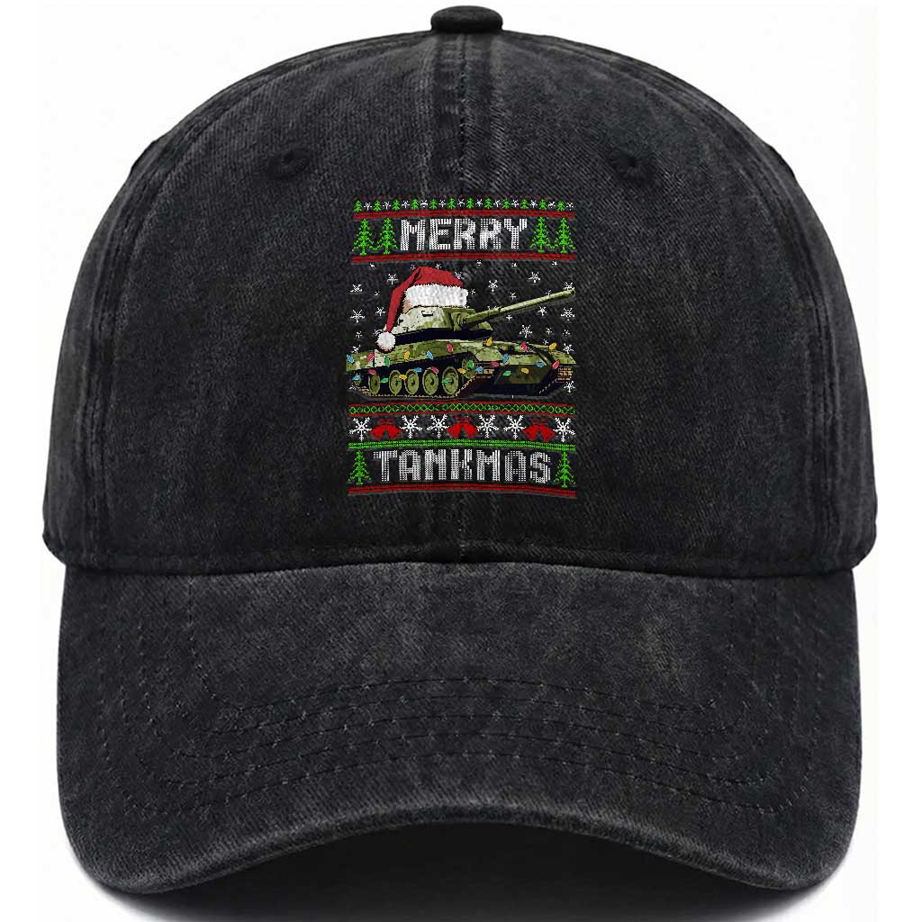 Funny Christmas Veteran Washed Cotton Baseball Cap Merry Tankmas Tank Military Army TS09 Washed Cap Universal Fit Black Print Your Wear