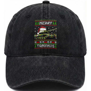 Funny Christmas Veteran Washed Cotton Baseball Cap Merry Tankmas Tank Military Army TS09 Washed Cap Universal Fit Black Print Your Wear