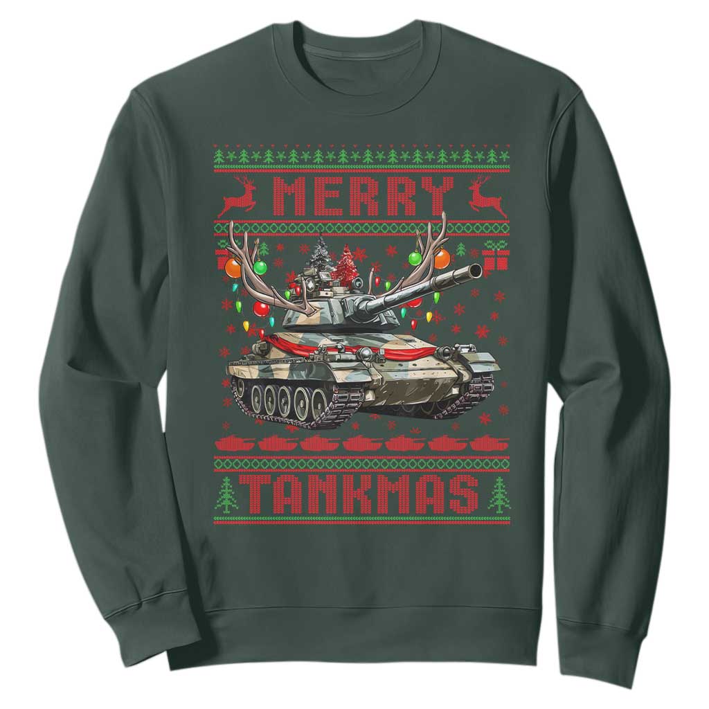 Funny Christmas Military Sweatshirt Merry Tankmas Tank Veteran Army TS09 Dark Forest Green Print Your Wear