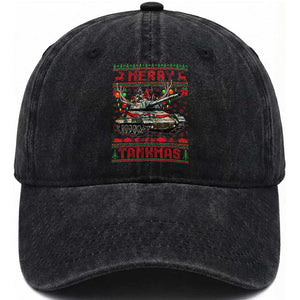 Funny Christmas Military Washed Cotton Baseball Cap Merry Tankmas Tank Veteran Army TS09 Washed Cap Universal Fit Black Print Your Wear