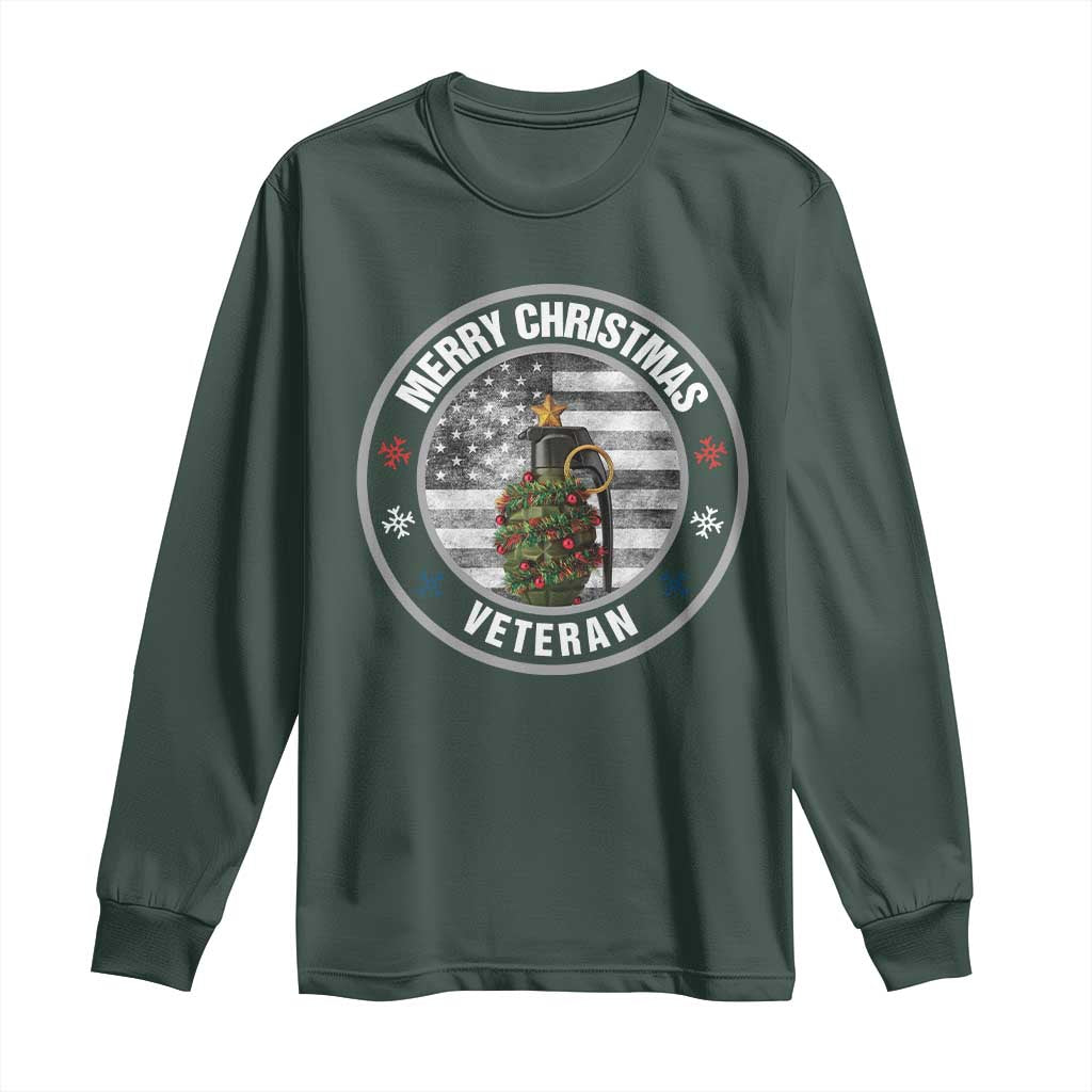 Merry Xmas Veteran Long Sleeve Shirt Grenade Christmas Tree America Flag Patriotic TS09 Dark Forest Green Print Your Wear