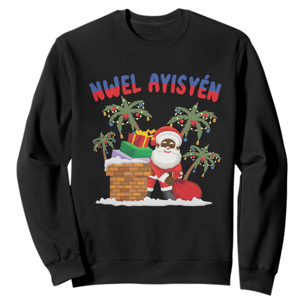Funny Haitian Christmas Sweatshirt Nwel Ayisen Creole Santa Palm Tree TS09 Black Print Your Wear