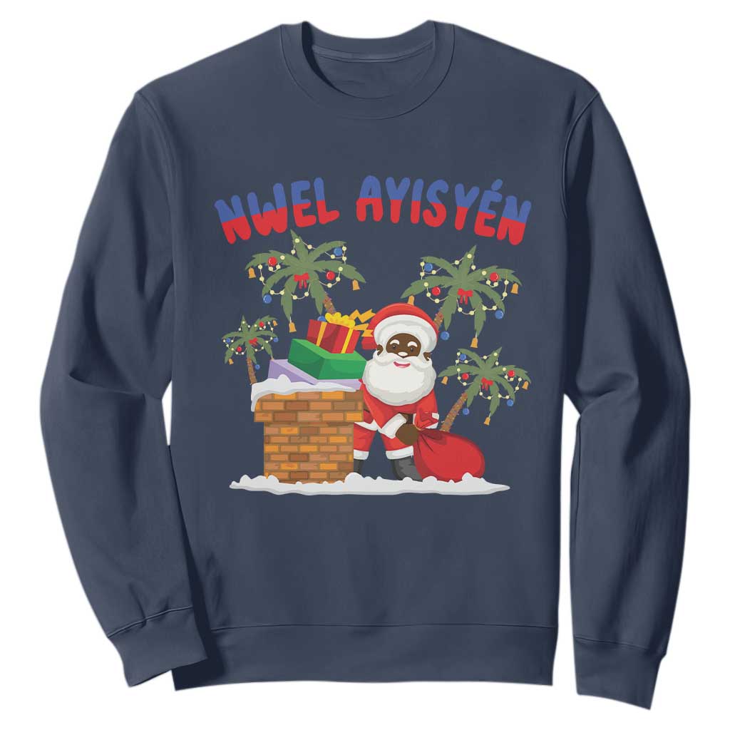 Funny Haitian Christmas Sweatshirt Nwel Ayisen Creole Santa Palm Tree TS09 Navy Print Your Wear