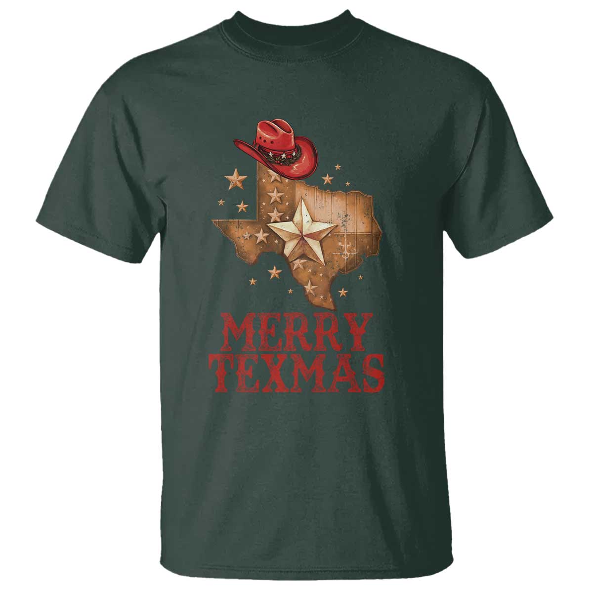 Christmas In Texas T Shirt Merry Texmas Santa Cowboy Hat TS09 Dark Forest Green Print Your Wear