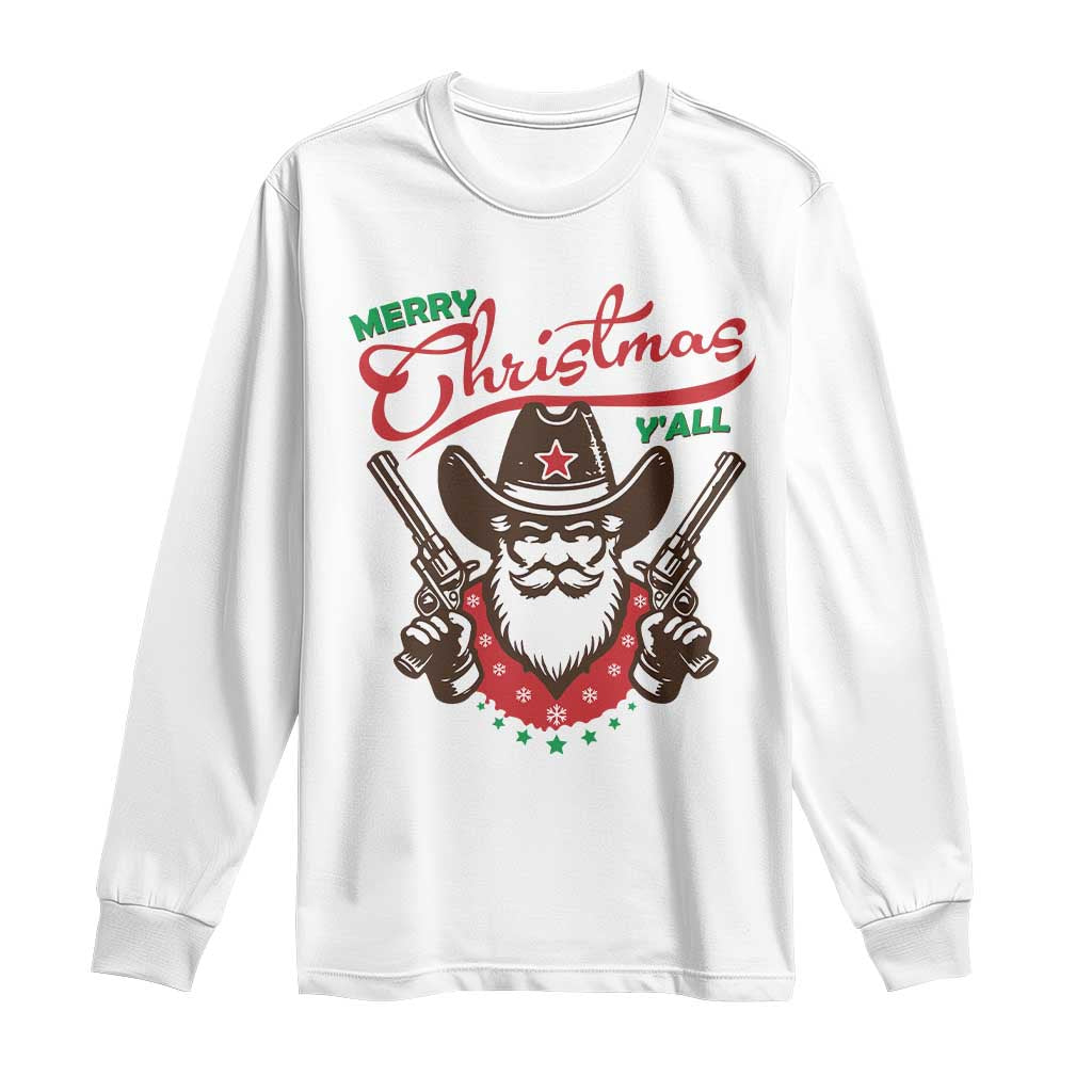 Merry Christmas Y'All Texas Cowboy Santa Long Sleeve Shirt TS09 White Print Your Wear