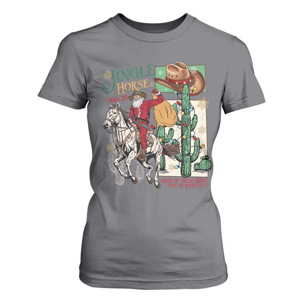 Western Christmas T Shirt For Women Jingle Horse Pick Up Your Feet Cowboy Santa Rider TS09 Charcoal Print Your Wear