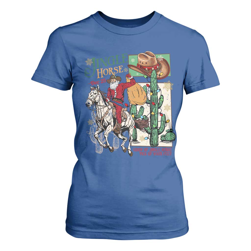 Western Christmas T Shirt For Women Jingle Horse Pick Up Your Feet Cowboy Santa Rider TS09 Royal Blue Print Your Wear