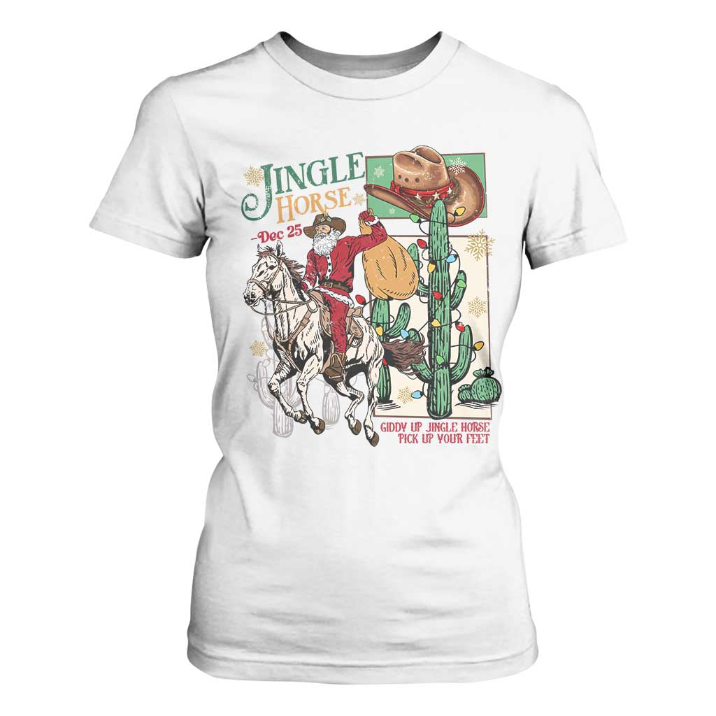 Western Christmas T Shirt For Women Jingle Horse Pick Up Your Feet Cowboy Santa Rider TS09 White Print Your Wear