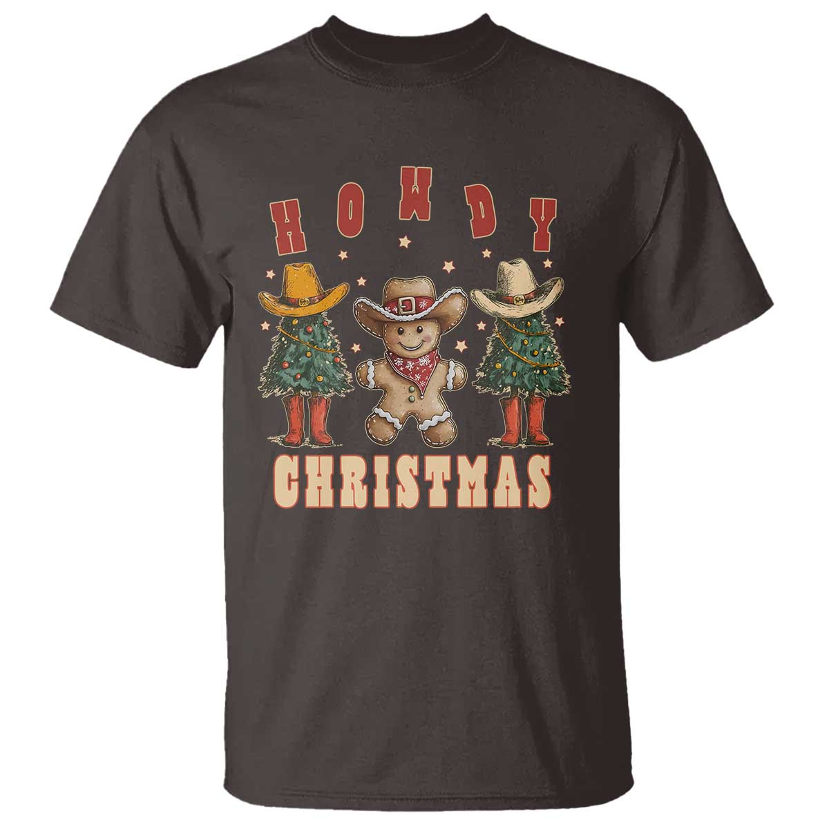Howdy Christmas T Shirt Cowboy Cactus Xmas Tree TS09 Dark Chocolate Print Your Wear