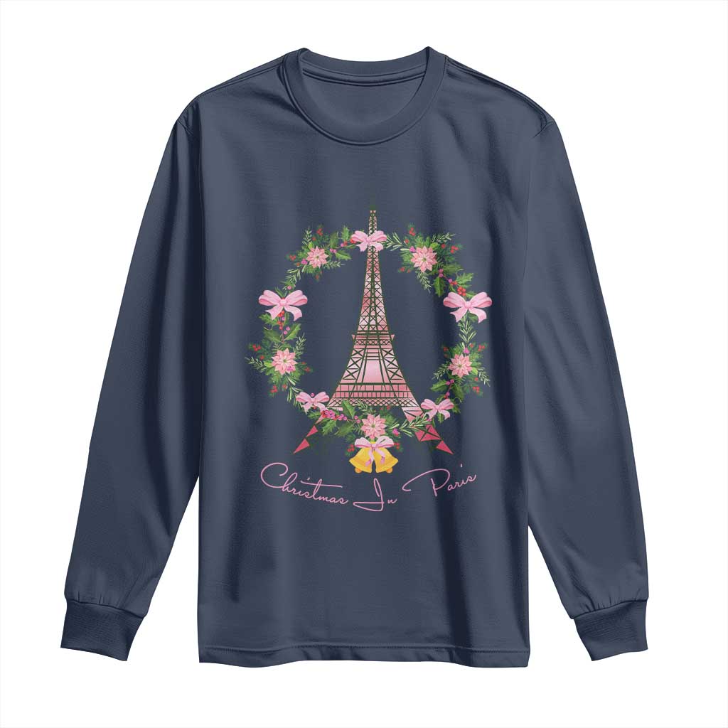 Joyeux Noel Eiffel Tower Christmas In Paris Long Sleeve Shirt TS09 Navy Print Your Wear