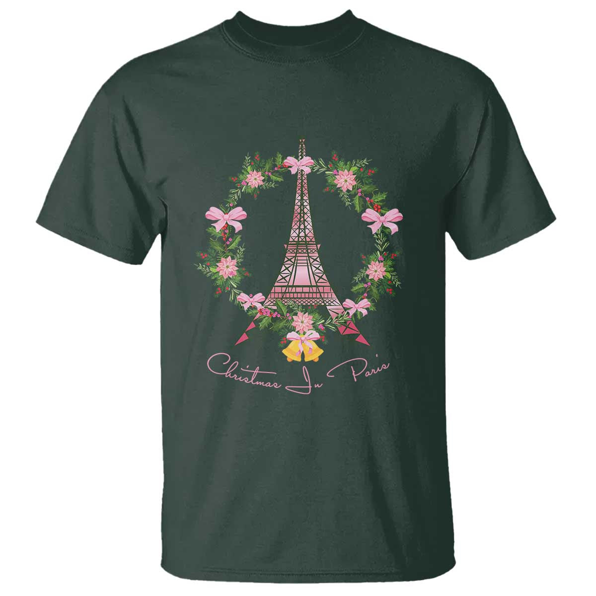 Joyeux Noel Eiffel Tower Christmas In Paris T Shirt TS09 Dark Forest Green Print Your Wear