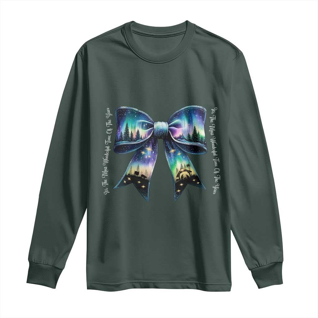 Christmas Alaska Aurora Long Sleeve Shirt Christian Most Wonderful Time Of The Year Coquette Bow TS09 Dark Forest Green Print Your Wear